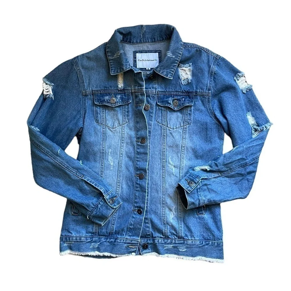 Distressed Denim Graffiti Jean Jacket Womens - Picture 2 of 10